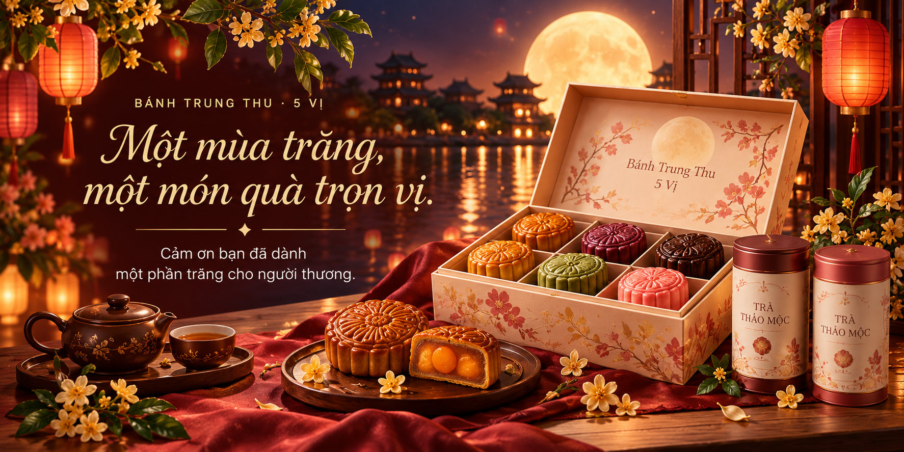 Trăng rằm, đèn lồng và hộp bánh Trung Thu
